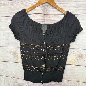 Vintage City Unltd Black Beaded Knit Top Cap Sleeve Scoop Neck Button Front M